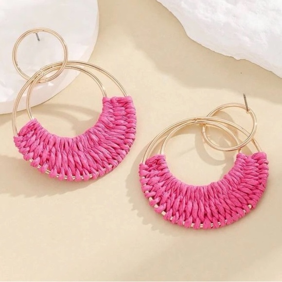 Pink Raffia Hoop Earrings - Picture 3 of 5
